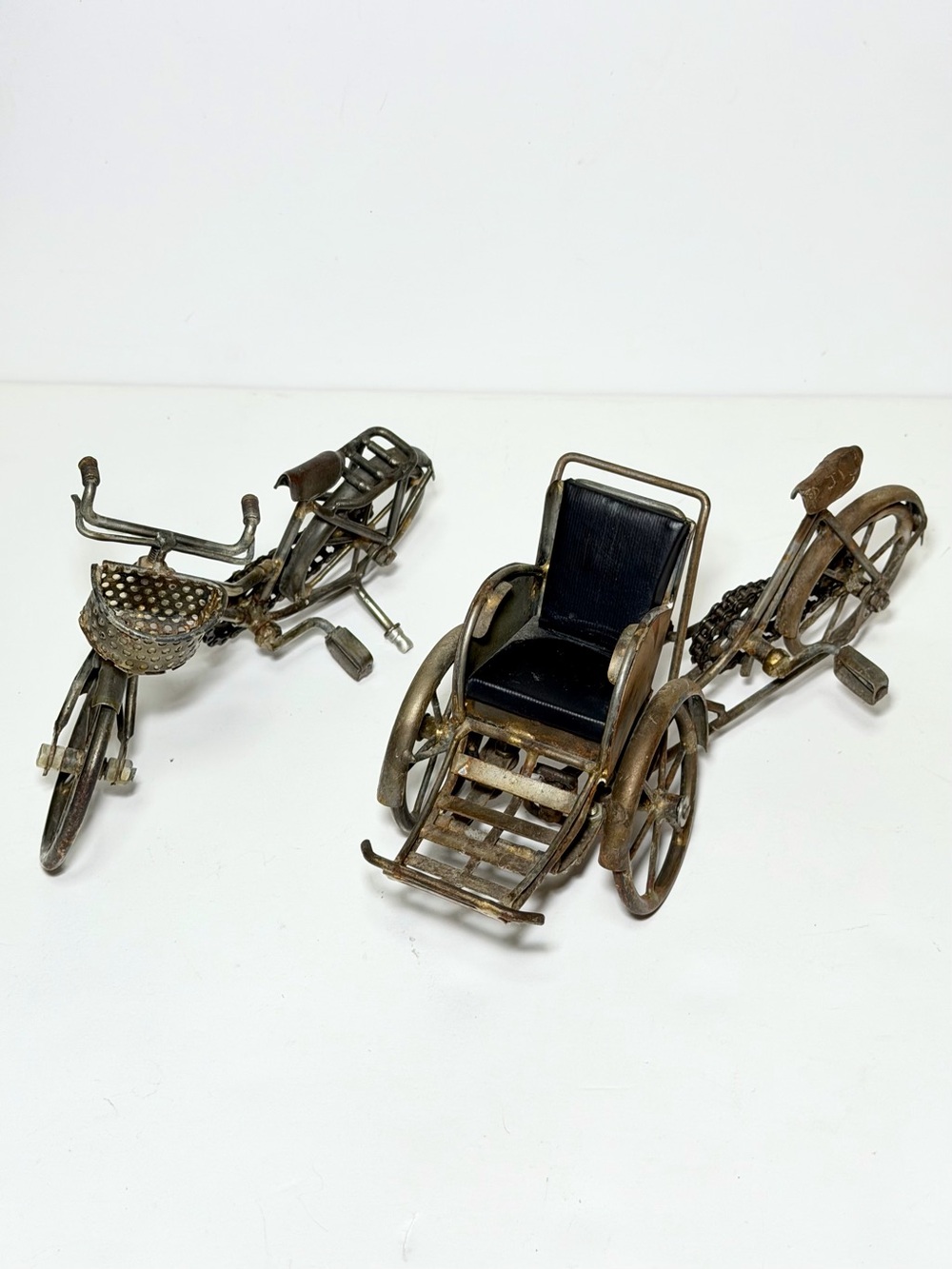 Vintage Antique-Style Miniature Bronze Metal Bicycle & Rickshaw Set
